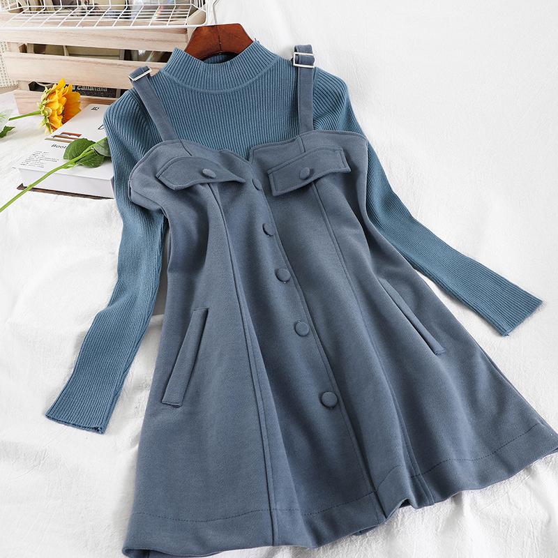 

2021 Small People Wear Two-piece Women's Autumn and Winter Base Sweater Knit Sweater + Woolen Suspender Skirt Dress Fashion, Blue