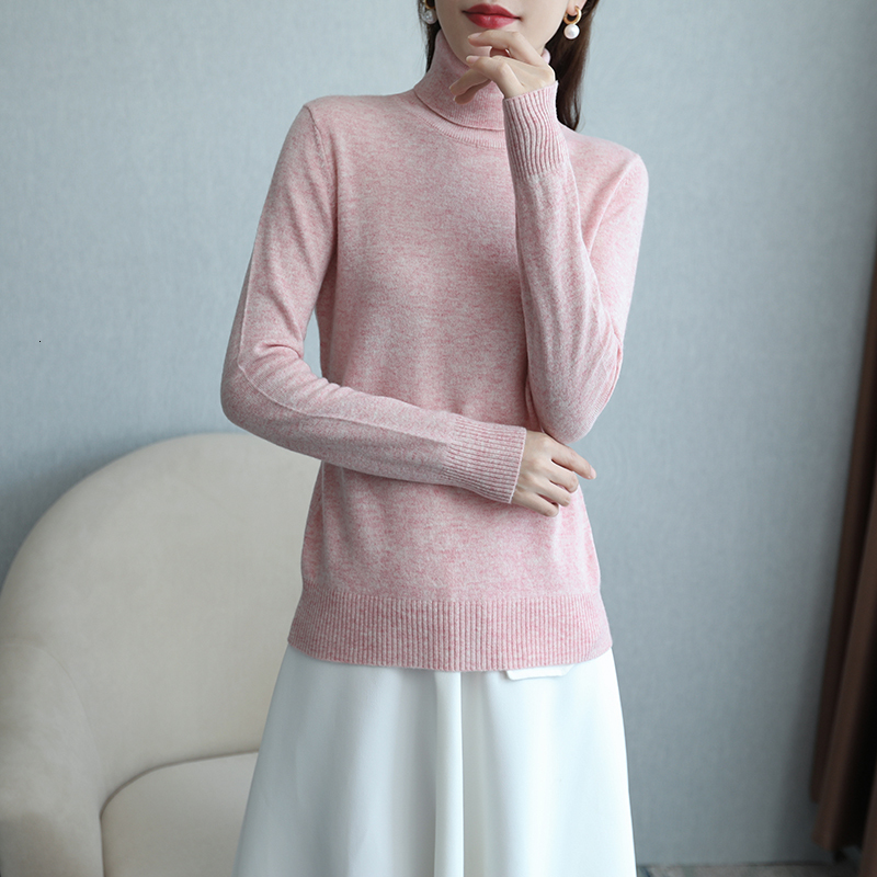 

2021 New 100% Wool Knitted Sweaters Women Turtleneck Standard Pullovers Winter Autumn 10colors Merino Woolen Knitwear Female Jumpers Hmtm, Pink