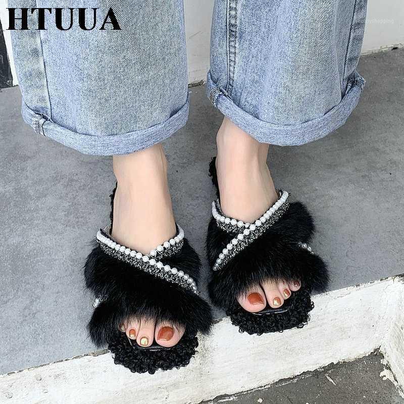 

HTUUA Fashion Beaded Faux Fur Slippers Women 2020 Autumn Winter Short Plush Fluffy Slides Female Slip On Flat Shoes Woman SX42291, Black cross