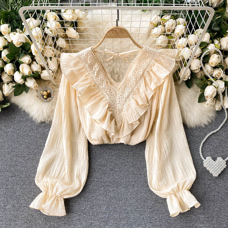 

2021 New singer sweet female blouse autumn neck puff solid office drool tops loose fashion streetwear blouses LZVL, Apricot