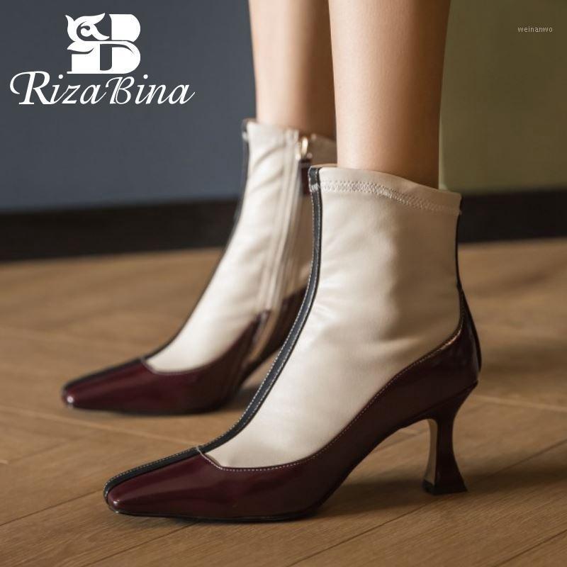 

RIZABINA New Women Ankle Boots Real Leather Mixed Color Strange Heel Sexy Women Party Shoes Winter Ladies Footwear Size 33-401, Beige