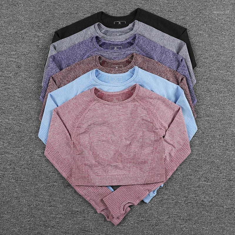 

Women' Yoga Sports Seamless T-shirt Fitness Crop Top Long Sleeve GymWoman Sport Tshirt Workout Tops For Women Sportswear,ZF3111, Pink yoga top