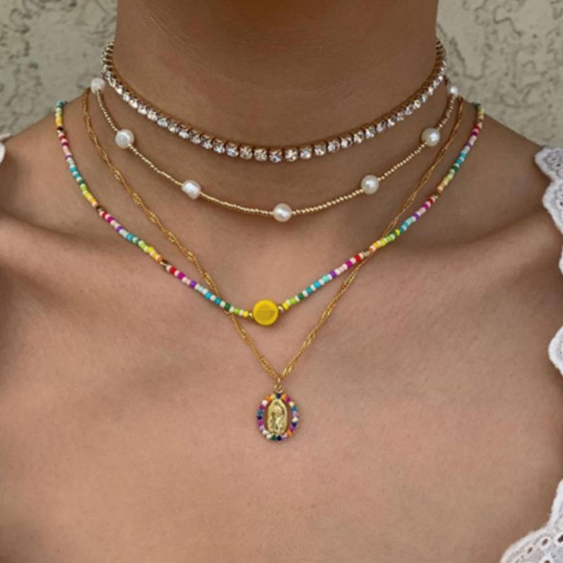 

Pendant Necklaces Ins Net Red Virgin Mary Clavicle Chain Bohemian Color Rice Bead Multi-layer Necklace Set