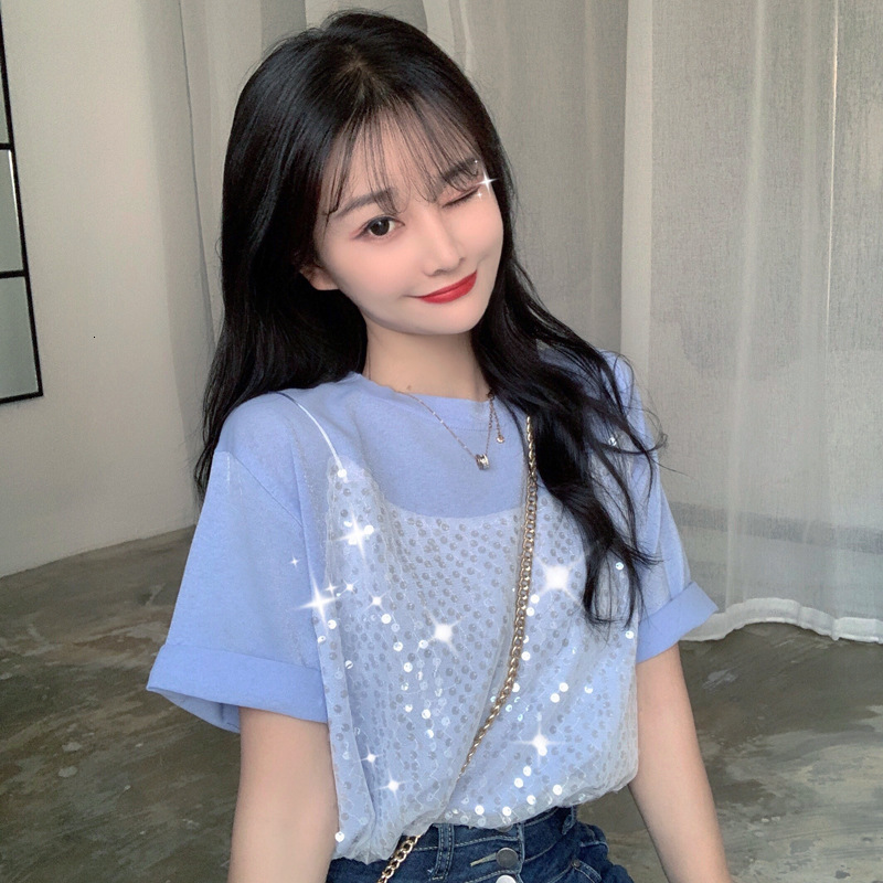 

2021 New Sling splicing sequins cotton t-shirts of women spring summer warm t-casual the neck half sweet female t-shirt tops AD0K, Blue