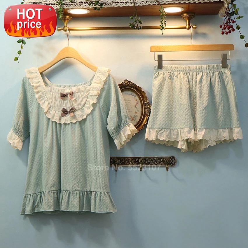 

Summer Short Sleeve Woman Pajamas Set Cotton Breathable Lounge Vintage Cute Lolita Clothing Lace Bow Tie Sleepwear for Female #7w2X, Black;white