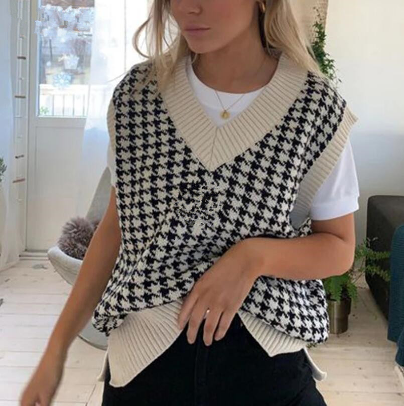 

Female Mesh Fashion Pullovers 2021 Spring Vest Sleeveless Waistcoats Houndstooth Chess Sweater P2077 E7lu