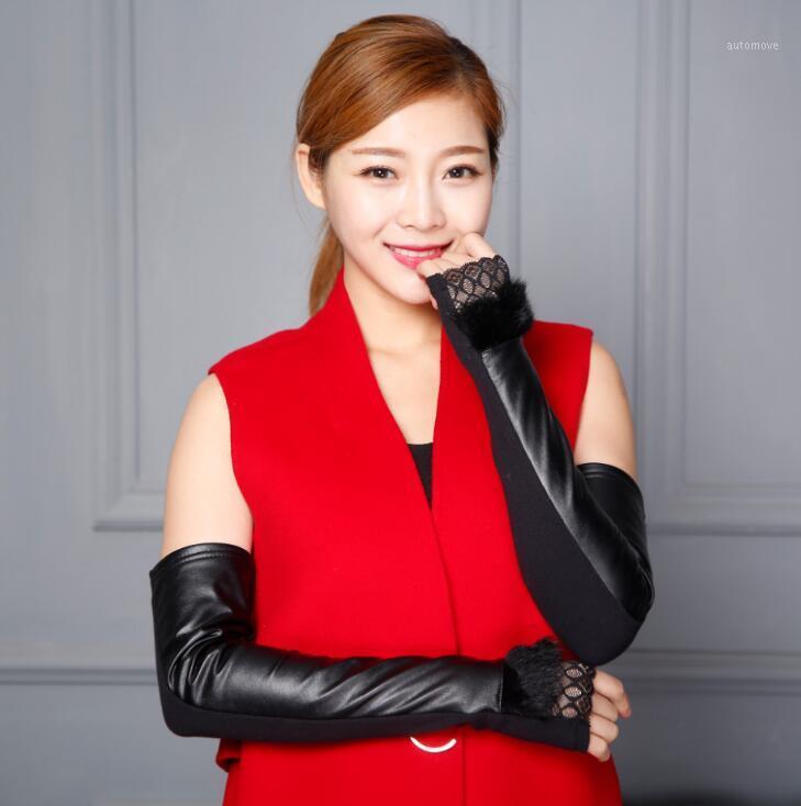 

women's elastic leather patchwork lace glove lady's long fingerless sexy black glove female genuine fur R3221