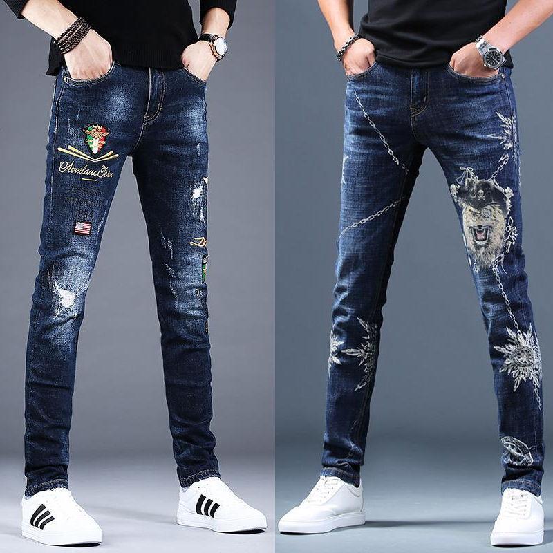 

Men's printed ripped jeans stretch casual trousers new autumn personality youth popular slim pants, Same as picture