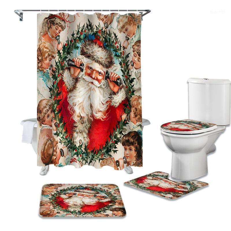 

Christmas Santa Claus Child Listen To Wishes Shower Curtain Sets Non-Slip Rugs Toilet Lid Cover and Bath Mat Bathroom Curtains1