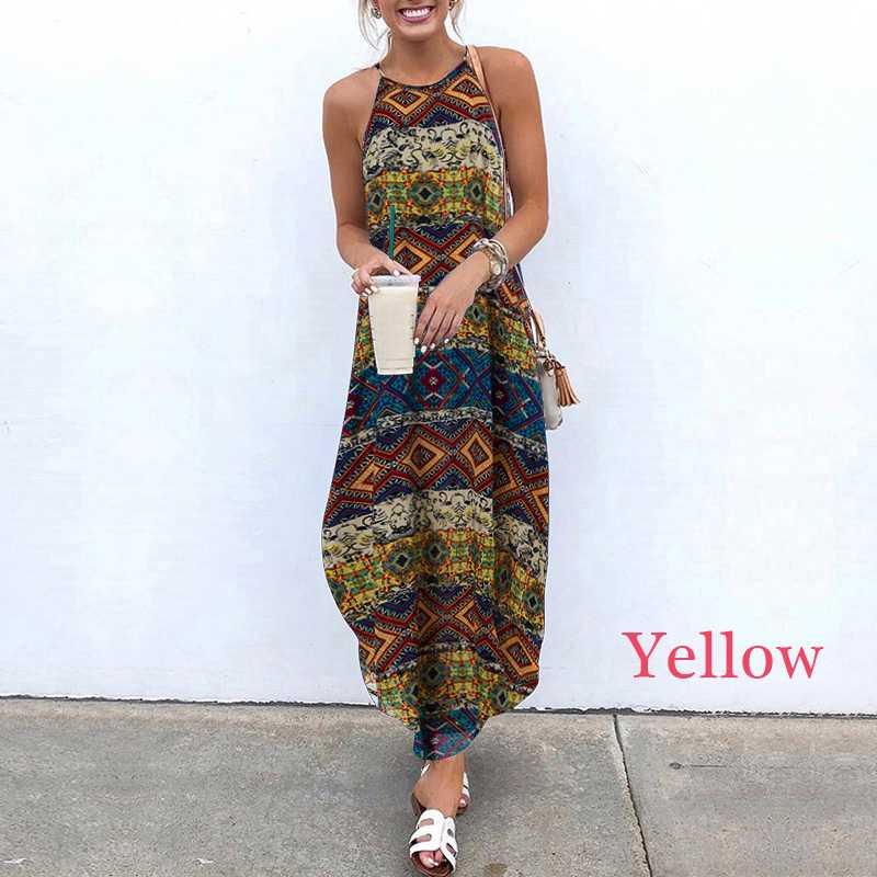 

VONDA Women Sleeveless Bohemian Dress Vintage Printed Maxi Dress 2020 Summer Beach Party Sexy Spaghetti Strap Vestidos Plus Size, Green