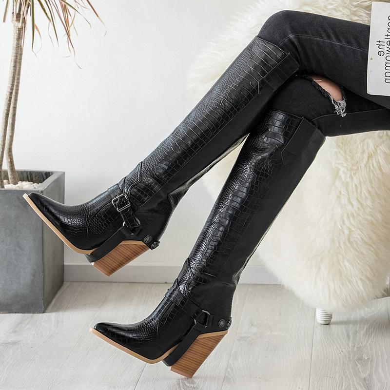 

2020 Autumn Women Boots Fashion Buckle Knee High Boots Pu Leather Wedges High Heel Long Pointed Toe Winter Woman Shoes1, Black