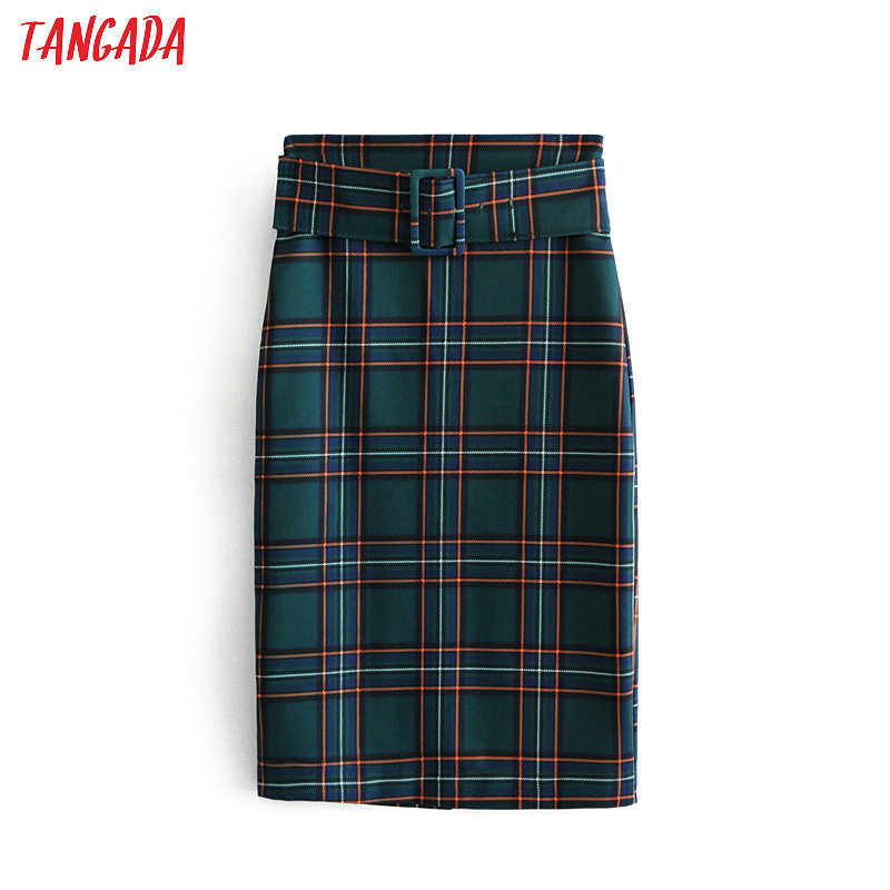 

Tangada fashion women green plaid skirt vintage elegant ladies skirt with belt mujer retro mid calf skirts 6A77 Y200326