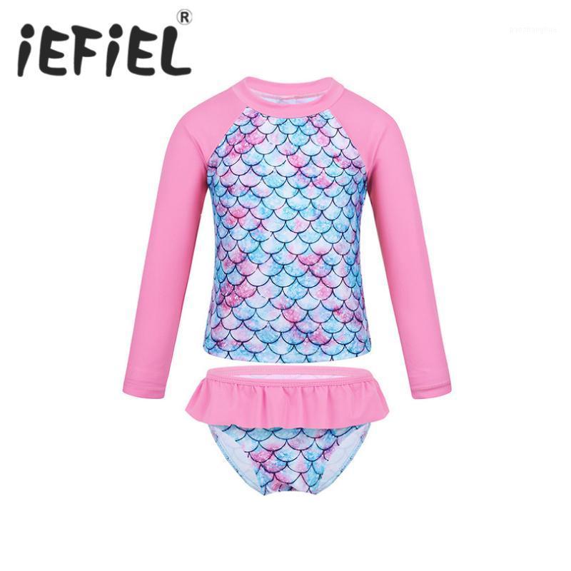 

Kids Girls Children Tankini Long Sleeves Fish Scales Printed Rashguard Swimsuit Swimwear Bathing Suit Set Tops with Bottoms1, Pink