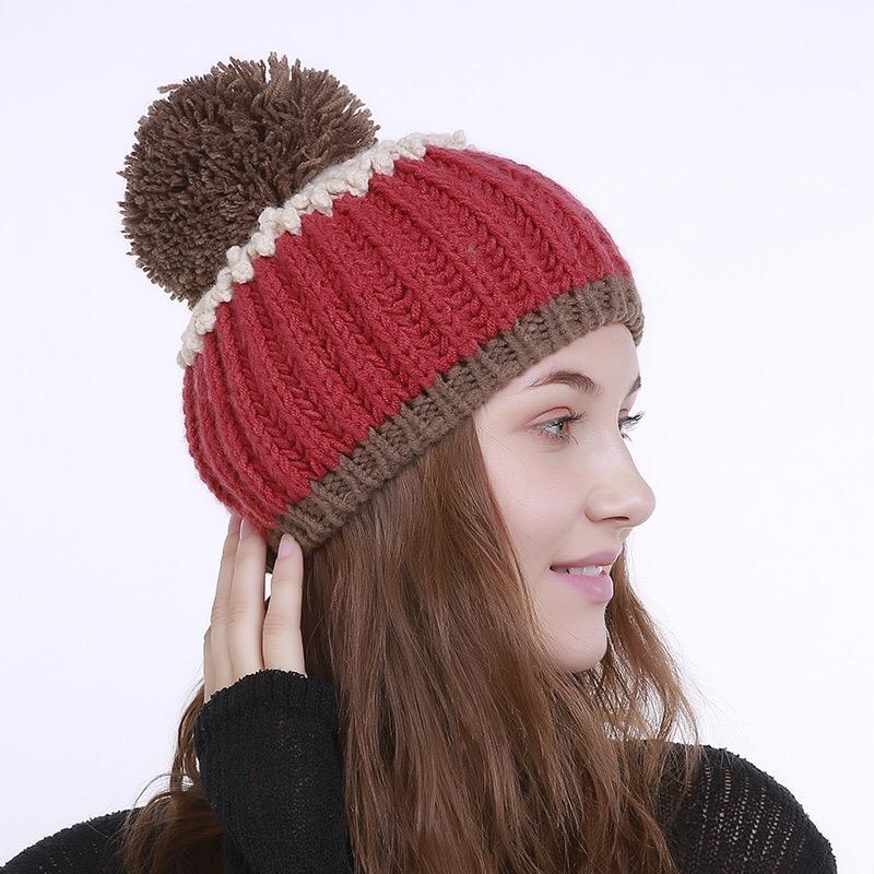 

Mingjiebihuo New autumn and winter hand-woven large wool ball hats Multicolor vertical-stitched knitting wool fashion girls hats1, Red