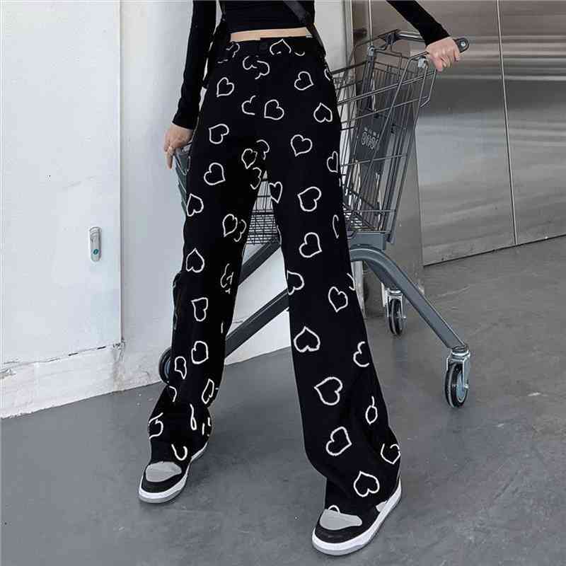 

Black Hip Hop Wide Leg Pant Women Vintage Korean Style Trousers Female Fashion Spring Harajuku Heart Print Streetwear Pants, Black;white