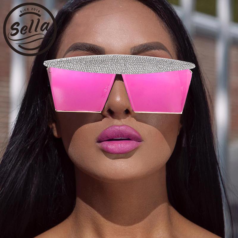

Sunglasses Sella Style Colorful Women Oversized Mirror Lens Fashion Square Handmade Rhinestone