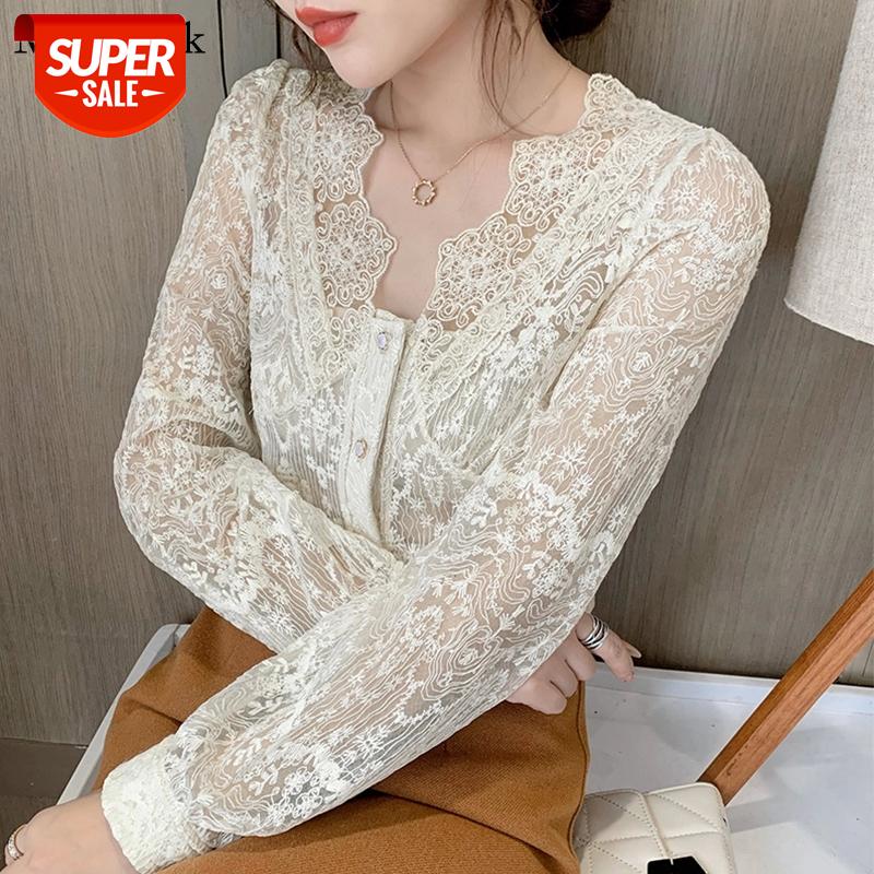 

New Fashion Floral Thin Mesh Top Mujer V Neck Solid Embroidery Long Sleeve Shirt Women Casual Vintage Elegant Women Blouse 12286 #et3a, White