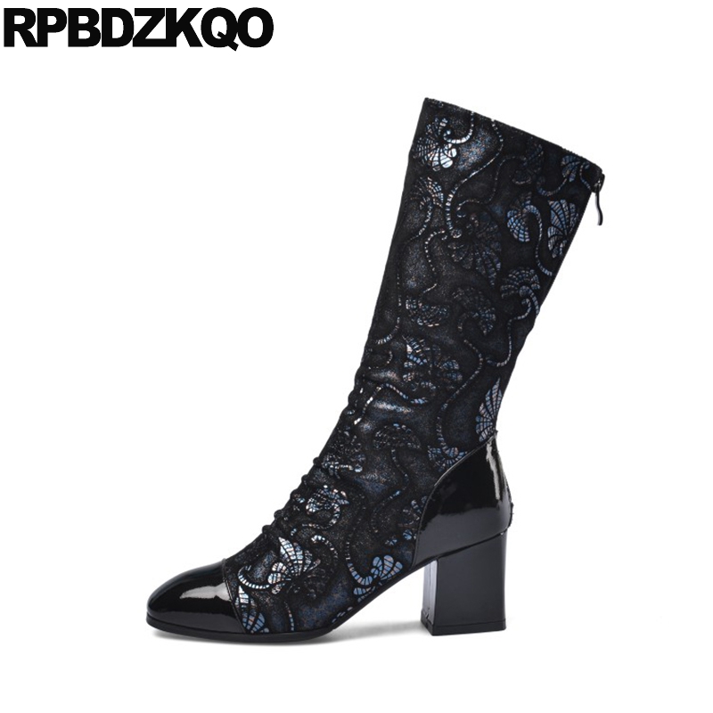 

size 34 women boots winter 2020 square toe floral print high heel chunky flower printed shoes mid calf luxury genuine leather