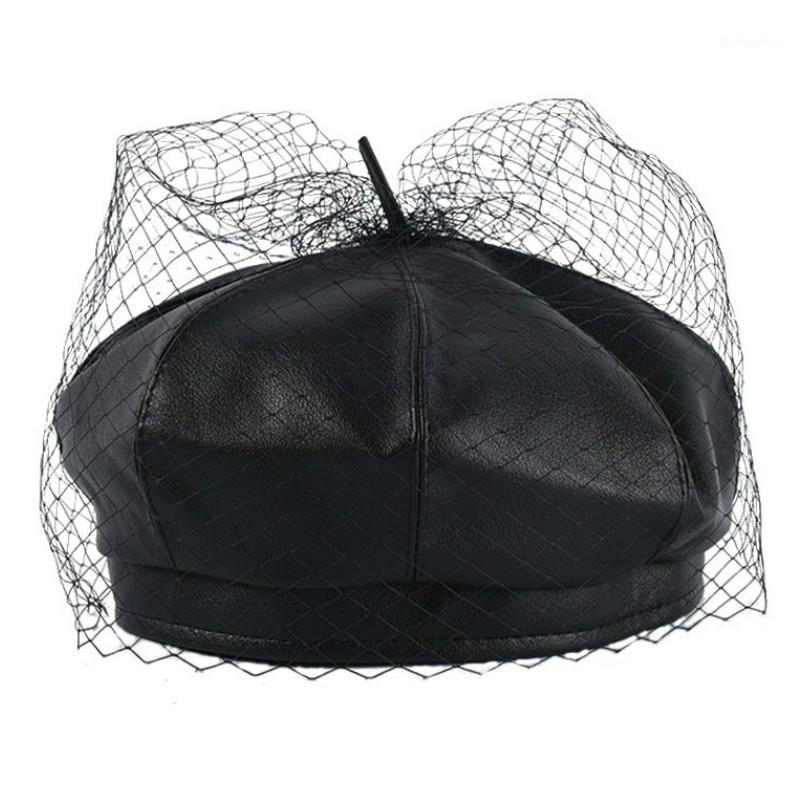 

2020 new Fascinating Black Hat Chic Leather French Beret With Veil Mesh Show Double Layer Women Beret Beanies Cap free shipping1