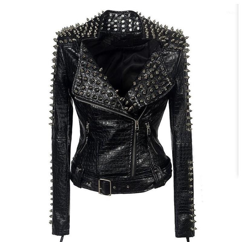 

Embossed PU Leather Women' Leather Street Top Slim-Fit Stylish Punk & Rock Motorcycle Wear Drill Snakeskin Biker Coat A000031, Black