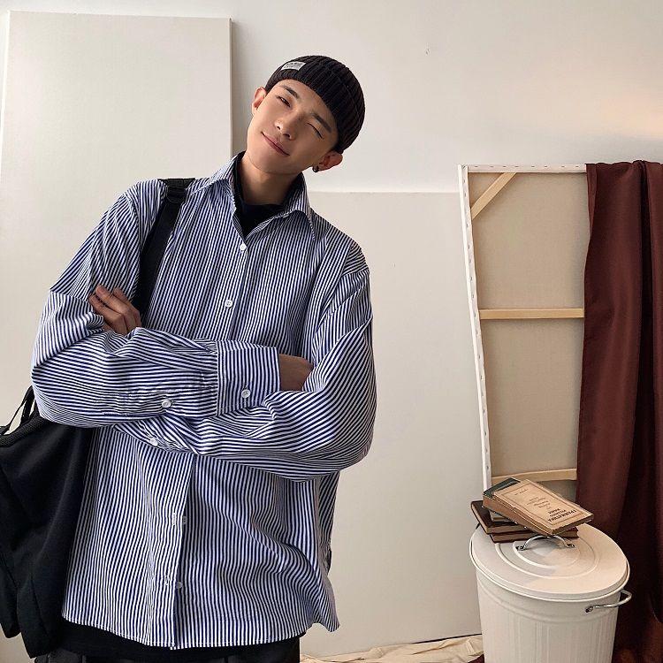 

Loose Men's Stripe Blue Shirts Spring Autumn Printed Casual Long Sleeve Classic Tops Base Shirt Coat Male Clothes Four Seasons