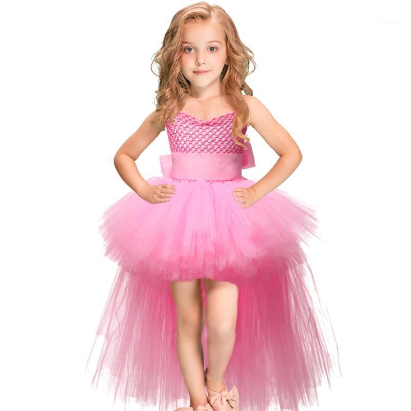 

V-neck Train Girls Tutu Dress Tulle Flower Girl Dresses Pink Girls Wedding Pageant Ball Gown Children Girl Birthday Party Dress1