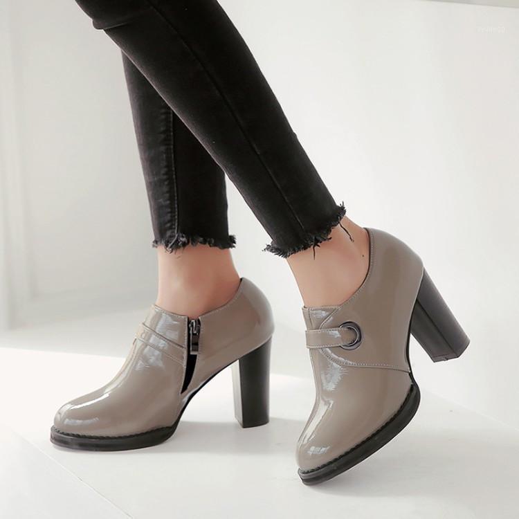 

PXELENA Work Office Lady Pumps 2021 Autumn Hot Patent Leather Chunky Block High Heels Shoes Women Black Gray Zip Plus Size 34-431
