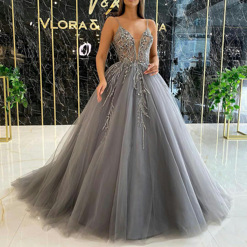 

2020 Sexy Grey Evening Dresses Lace Sequined Beaded A Line Prom Dresses Custom Made Long Robe De Soirée, Brown