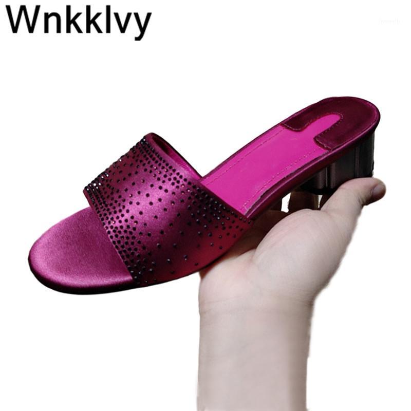 

Summer metal high heel sandals party dress slippers women satin silk crystal embellished flipflops lazy mullers outdoor shoes1, Pink