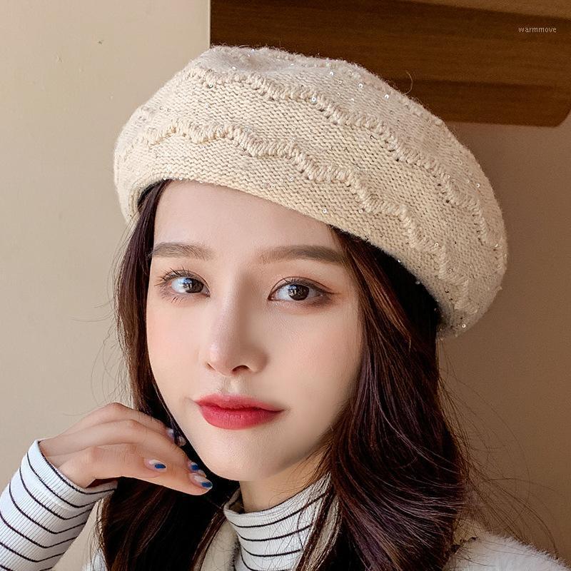 

HT3341 Berets for Women Autumn Winter Women Hat Vintage New Fashion Artist Painter Beret Hat Ladies Sequins Knitted Berets1, Black