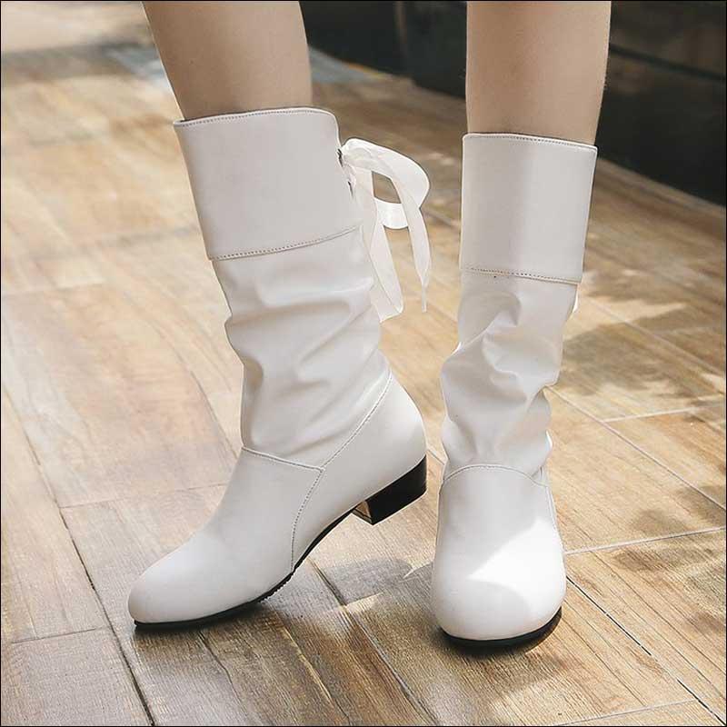 

Women Leather Boots Winter Mid-Calf Boots Casual Lace Up Ladies Fashion Shoes White Black Red Botas Mujer Casual Booties 43