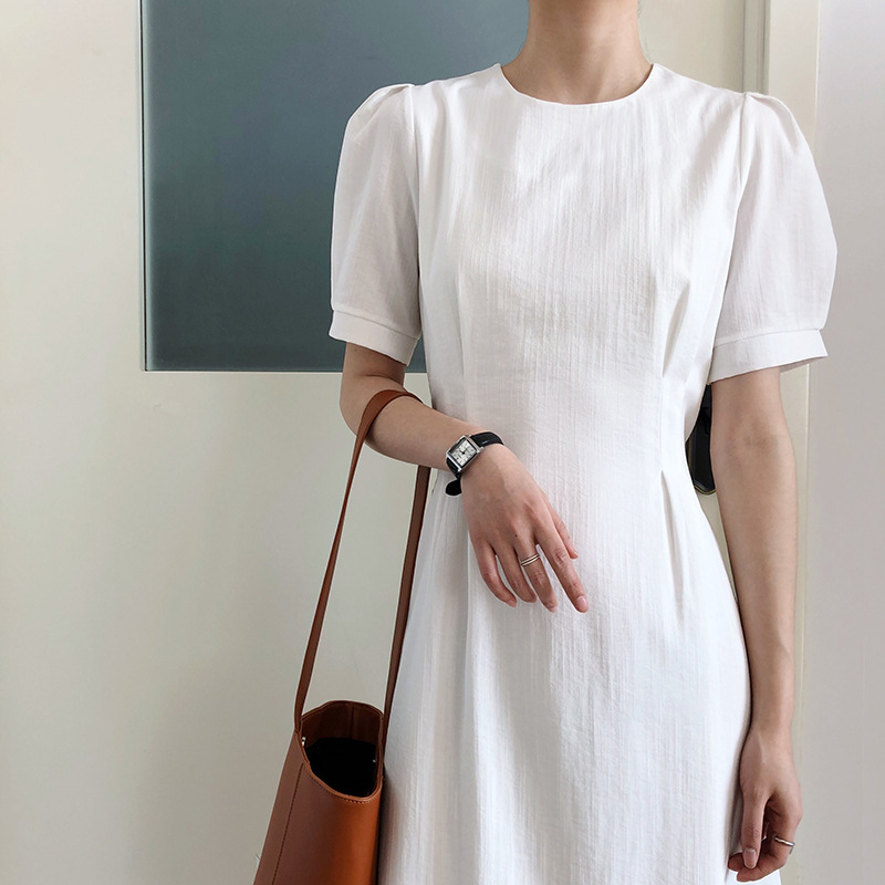 

2021 New Short Sleeve Elegant Slim with Belt Women Vintage Long High Waist White Vestidos T6yi, Black