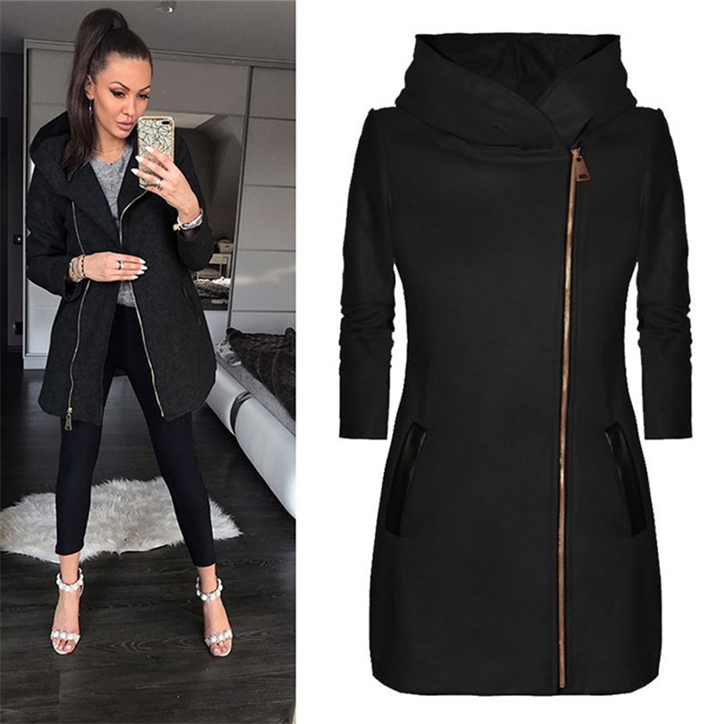 

New Hot Women Slim Black Red Gray Hooded Thick Jacket Coats Ladies Autumn Winter Casual Zipper Pockets Long Sleeve Outwear Tops 201112