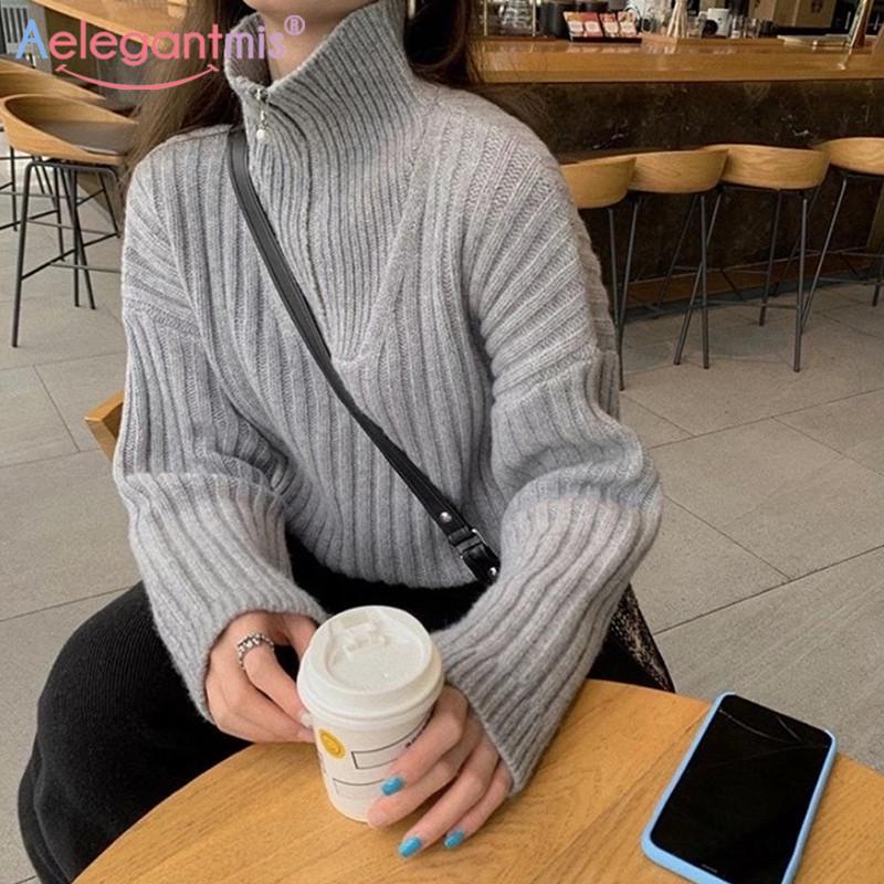

Aelegantmis Korean Zipper Turtleneck Sweater Women Loose Thick Soft Warm Turn Down Collar Pullovers Knited High Quality Jumpers, Beige