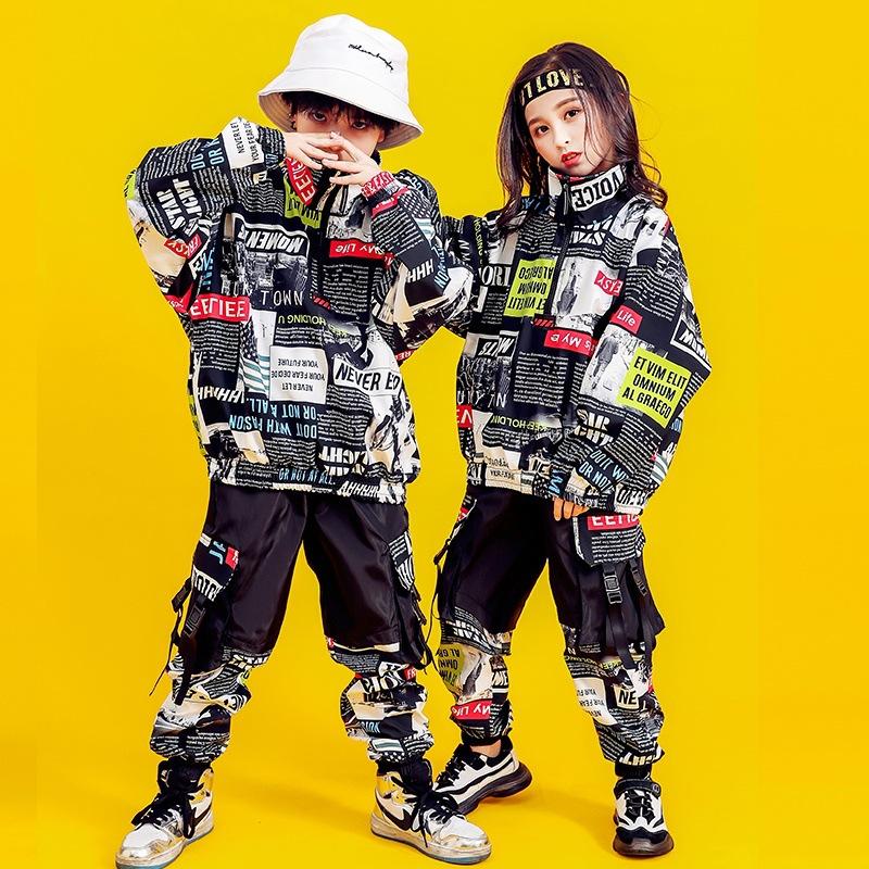 

Kid Hip Hop Clothing Turtleneck Print Sweatshirt Newspaper Shirt Top Tactical Cargo Pants for Girl Boy Dance Costume Set Clothes, Tops pants set