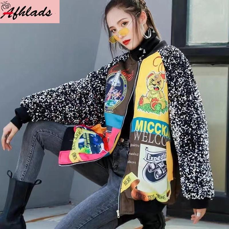 

Autumn And Winter New Fashion High Quality Print Loose Coats Stitching Sequined Long Sleeved Hip-Hop Streetwear Women's Jacket, Black