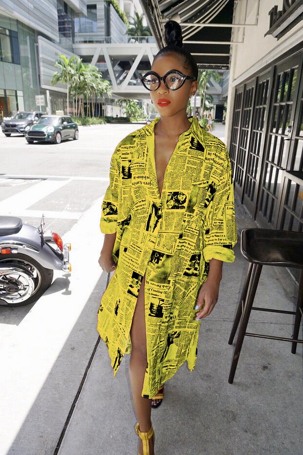 

2020 New Sales Newspaper Letter Printing Fashion Women Long Shirt Dresses Long Sleeves Lapel Neck Buttons Spring Summer Casual Dress, Yellow