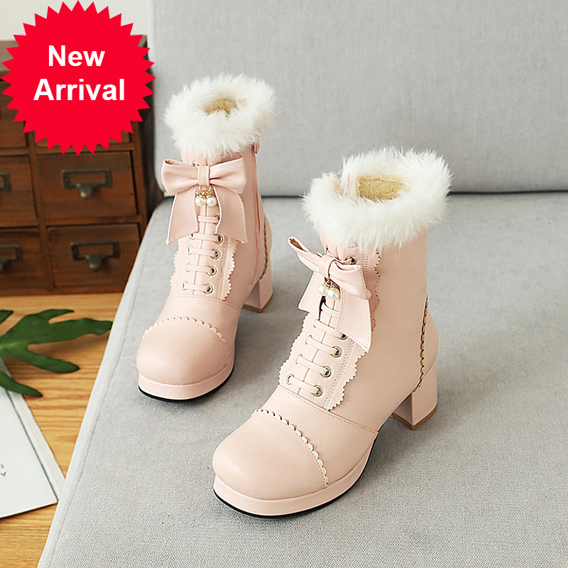 

2021 The New Sweet Princess-toe-round-foot Winter Snow Warm Bowknot Zipper Mid-heel Loop Chunky Ankle Boots Women's Shoes Ejfi, Black for winter