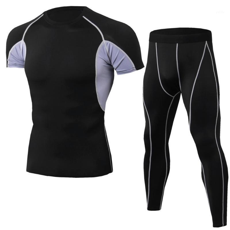 

2pcs / sets men suit rashguard male kit compression clothing male song-sleeved t-shirt + leggings tracksuit men1, Black