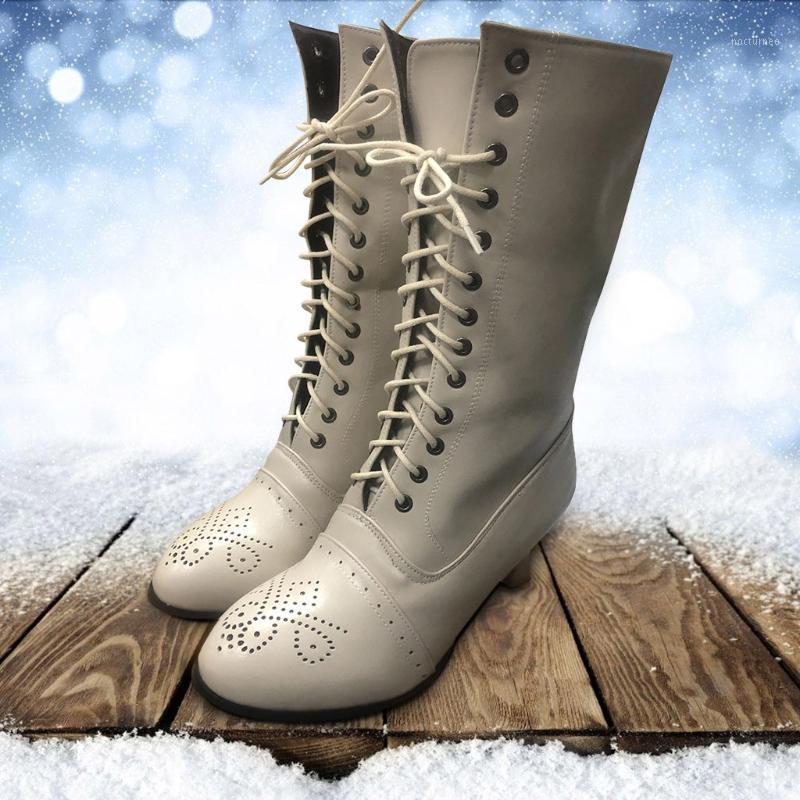 

Retro Fleeces Boots Women Carved goblet Lace Spike heels Punk Med Heels Cross Strap Shoes Woman Pointed Toe Lace Up Boots#08221, Bg