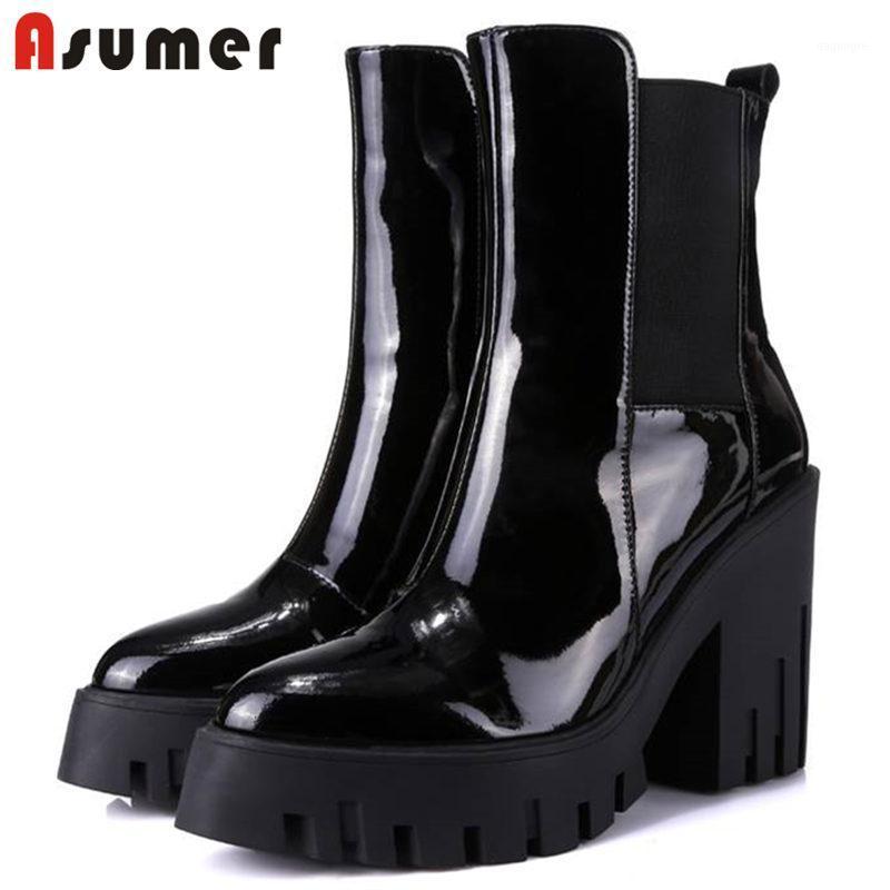 

ASUMER HOT 2020 fashion cow leather boots pointed toe platform ankle boots women square high heels spring autumn1, Black