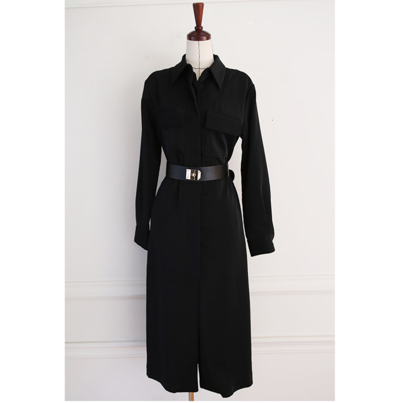 

2021 Spring New High Split Shirts for Women Long Sleeve Belted Slim Waist Office Ladies Es Nv2m, Black