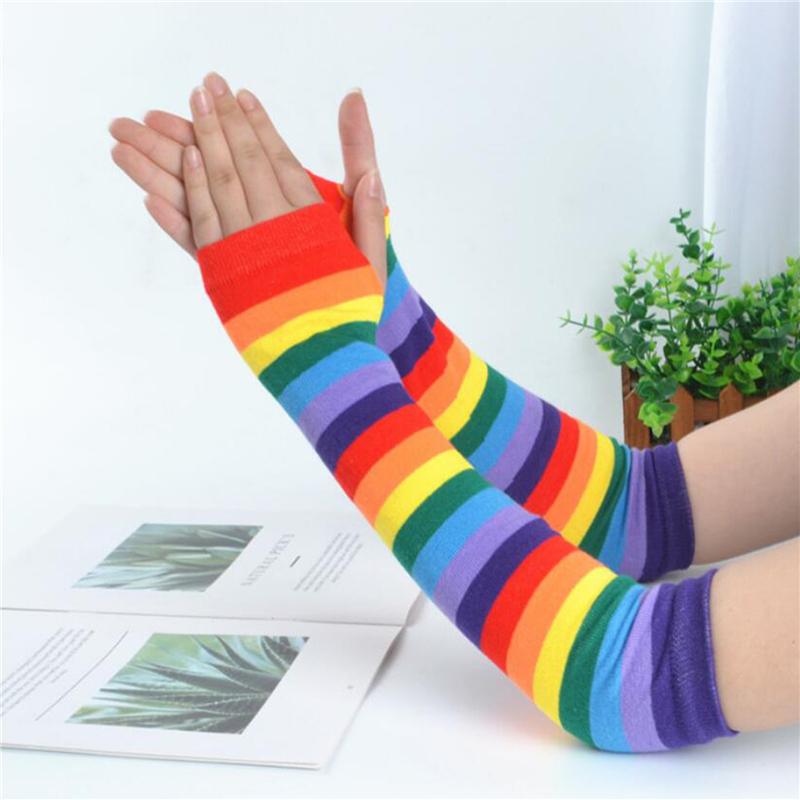 

1 Pair New Warm Half Finger Gloves Rainbow Color Long Gloves Japanese Style Striped Knitted Sunscreen Autumn Arm Sleeve