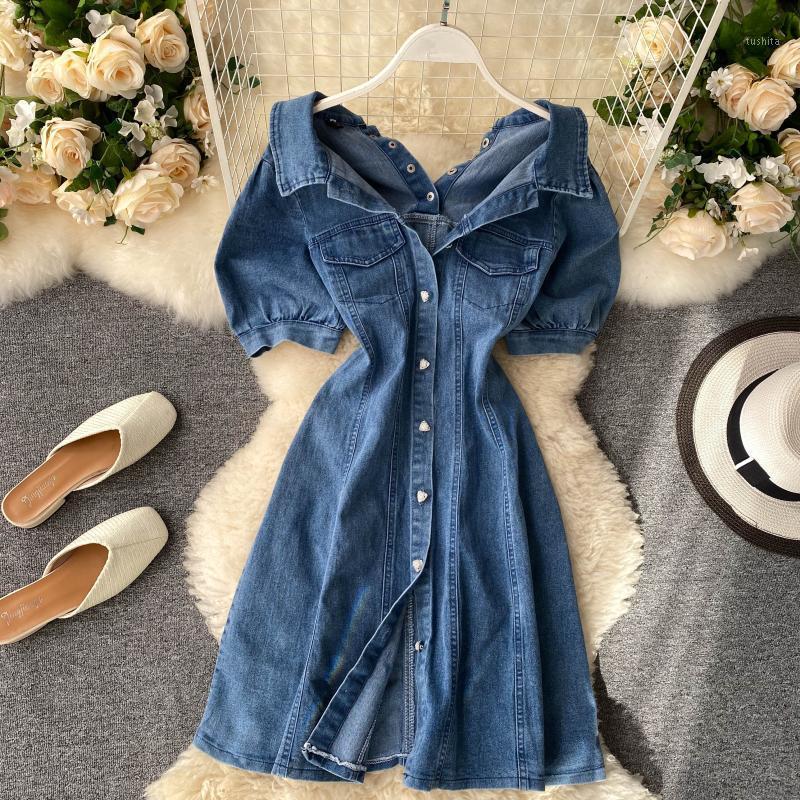 

2020 Summer Women' Solid Denim Dress Female Slim Dress Ladys Single Breasted Vintage Dresses puff sleeve jean dresses1, Blue dress