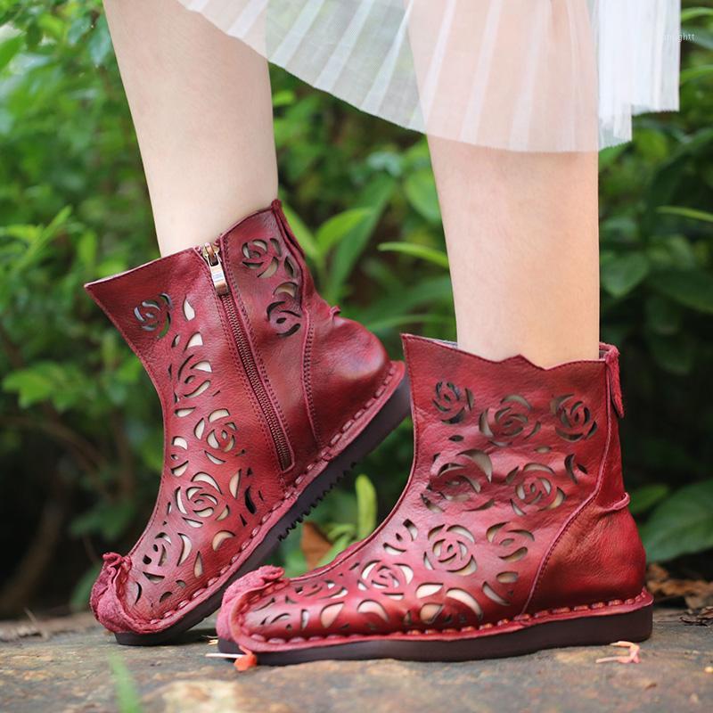 

2020 Original Women Summer Shoes Cool Boots Handmade Vintage Hollow Out Genuine Leather Round Toes Zipper Female Ankle Boots1, Brown