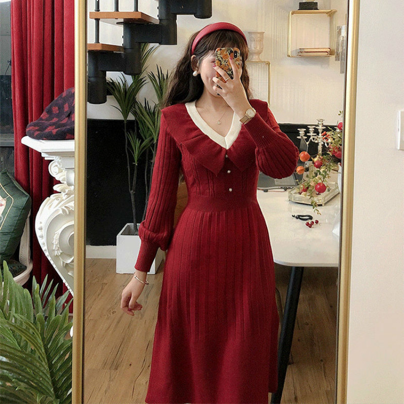 

New Medium 2021 long retro crochet flashlight manga ladies spring and autumn joker v-neck dress y255 TJPD, Unkhongseunk
