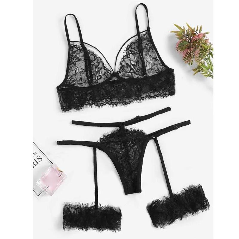 

MIARHB 2pc Fashion Sexy Women Bra Eyelash Lace Garter V-neck Lingerie Set Badydoll Underwear women summer Seamless Sexy Lingerie, Black