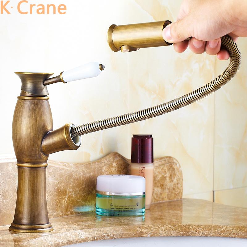 

Basin Sink Pull Out Faucet Bathroom Hot Cold Mixer Tap Washbasin Antique Gold Flexible Grifo Deck Mount Luxury Copper Faucets