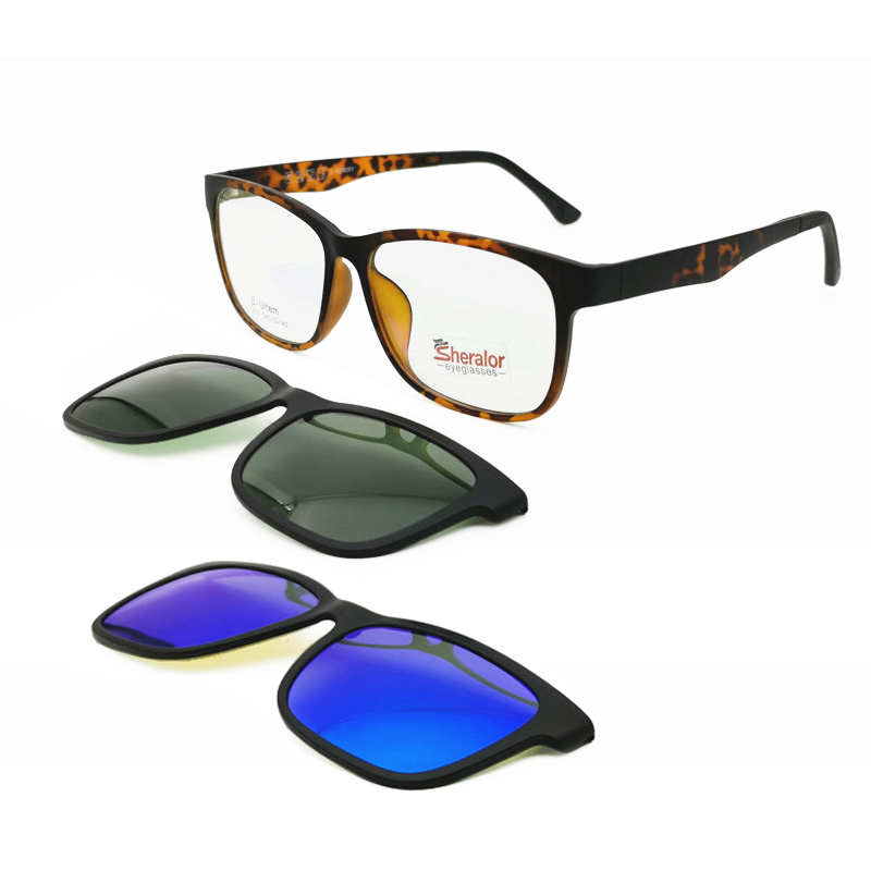 

Original design ULTEM square dual color one glasses frame with 2 clip on removable polarized sunglasses lenses for men