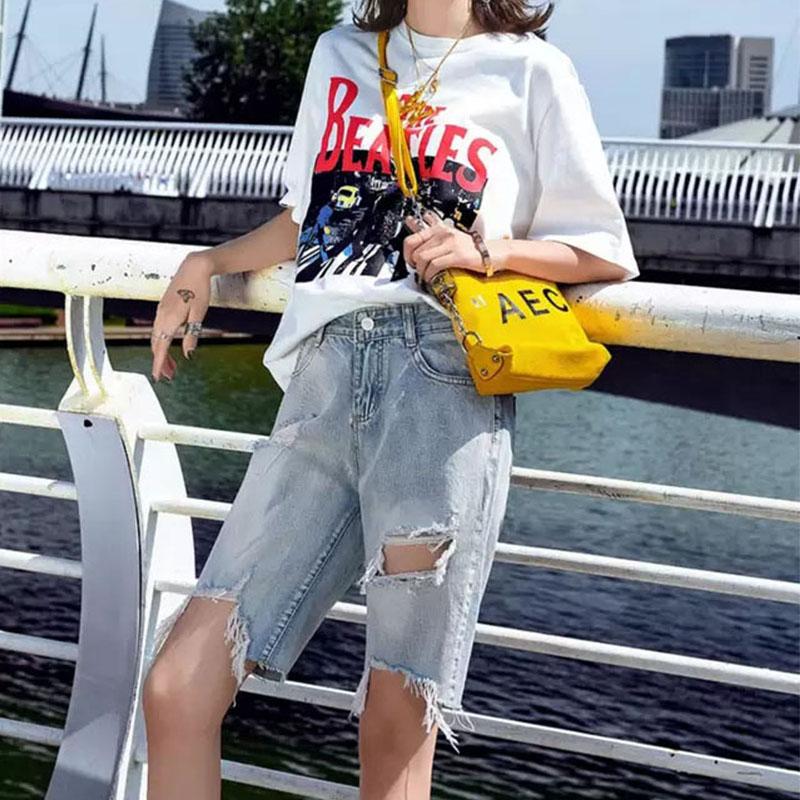 

Jean Shorts for women 2020 summer thin high waist loose holes show slimming new wide leg versatile straight leg five-cent pants, Light blue
